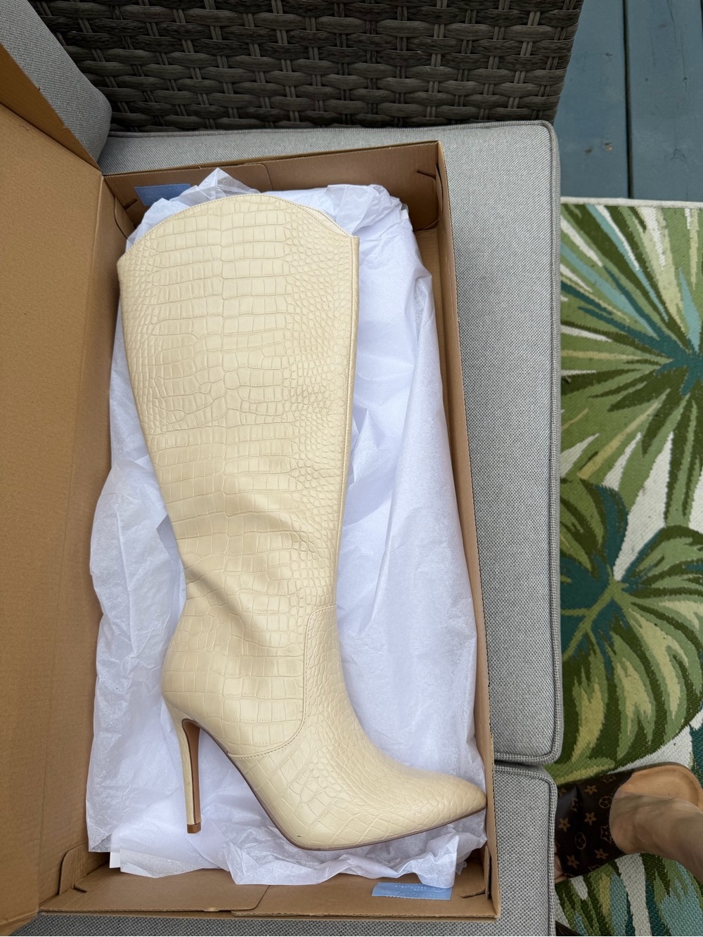 Cream Croc-Embossed Knee-High Stiletto Boot